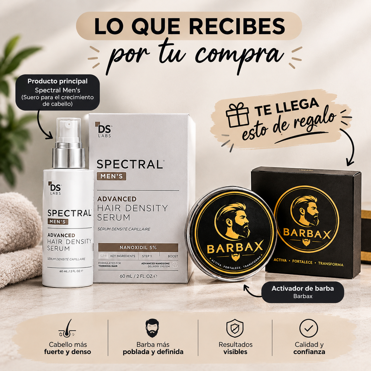 SPECTRAL PREMIUM 60 ML Y ACTIVADOR BARBA 🧔 ¡RECUPERA LA CONFIANZA EN EL CUIDADO DE TU CABELLO!