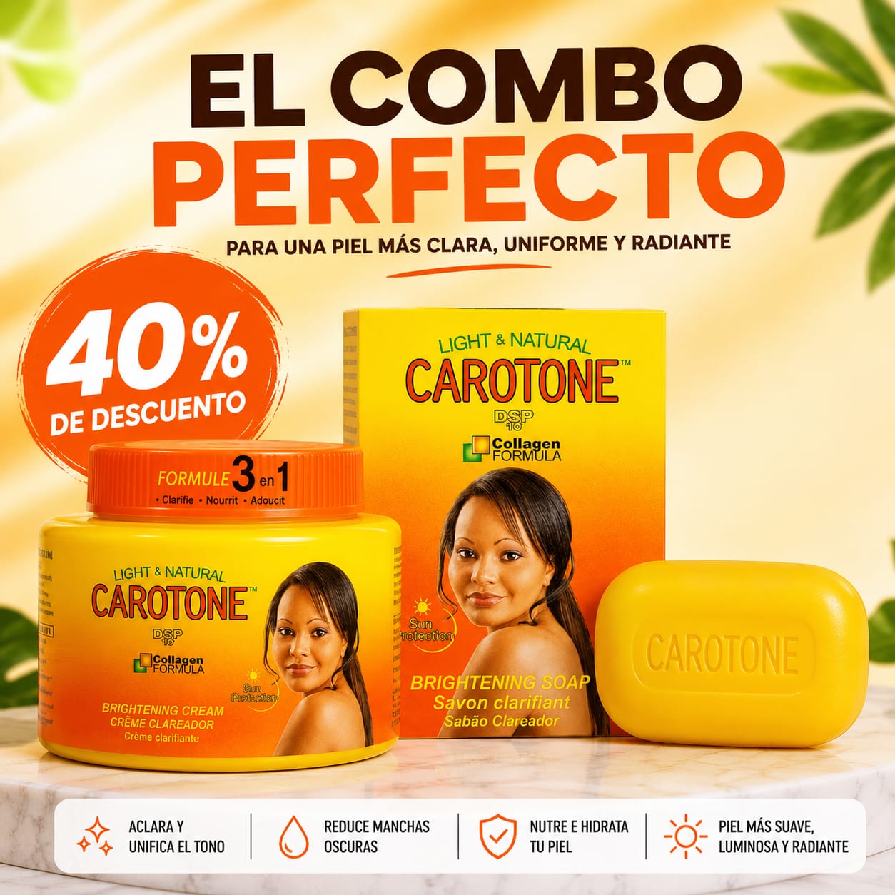 CAROTONE 300 ML + JABÓN ✨ Consigue una piel más uniforme y luminosa con el Combo Carotone
